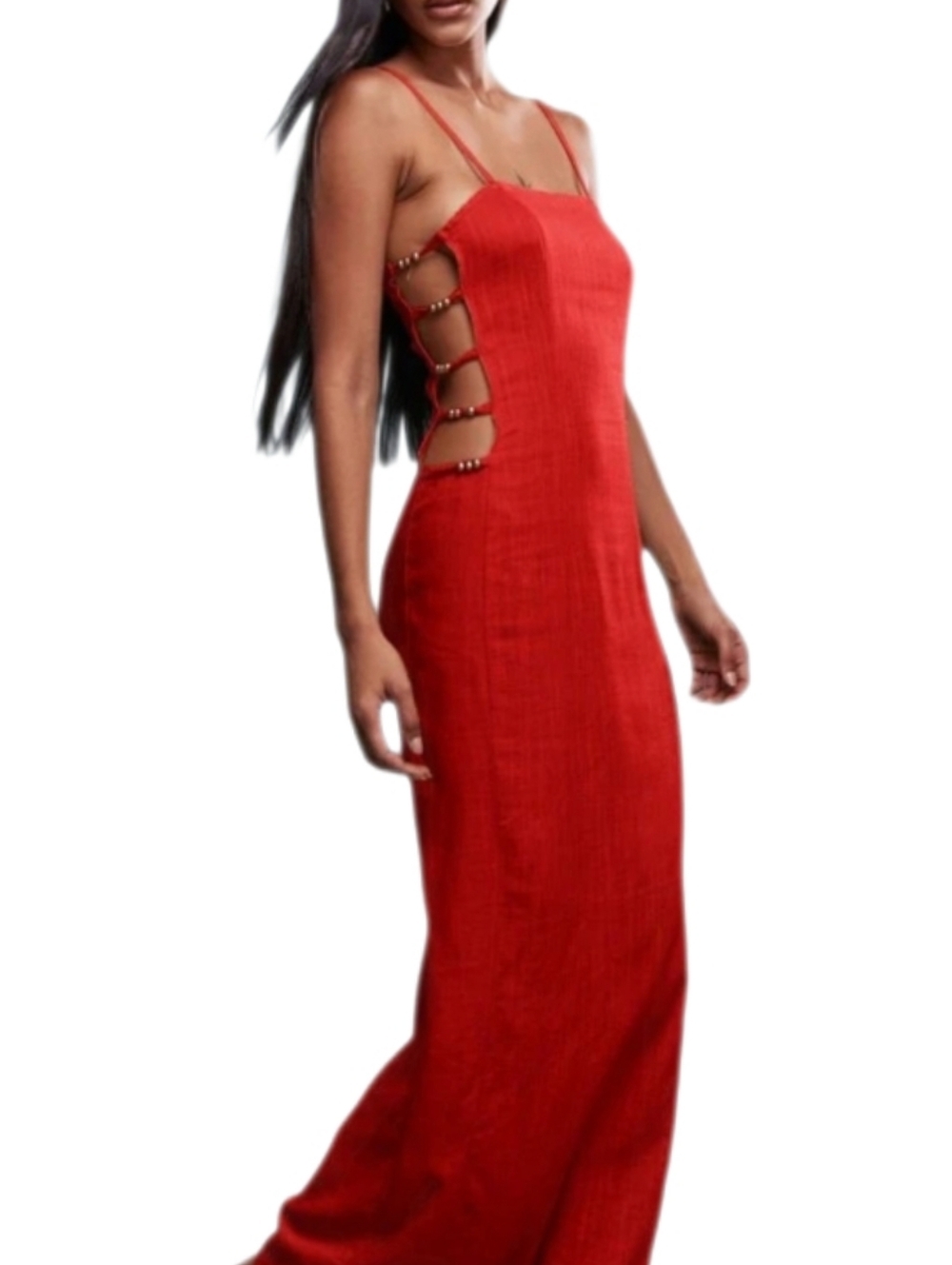 MISSGUIDED Metal Beads Detail Linen Blend Side Cut-Out Maxi Dress Large NWT - Picture 7 of 15